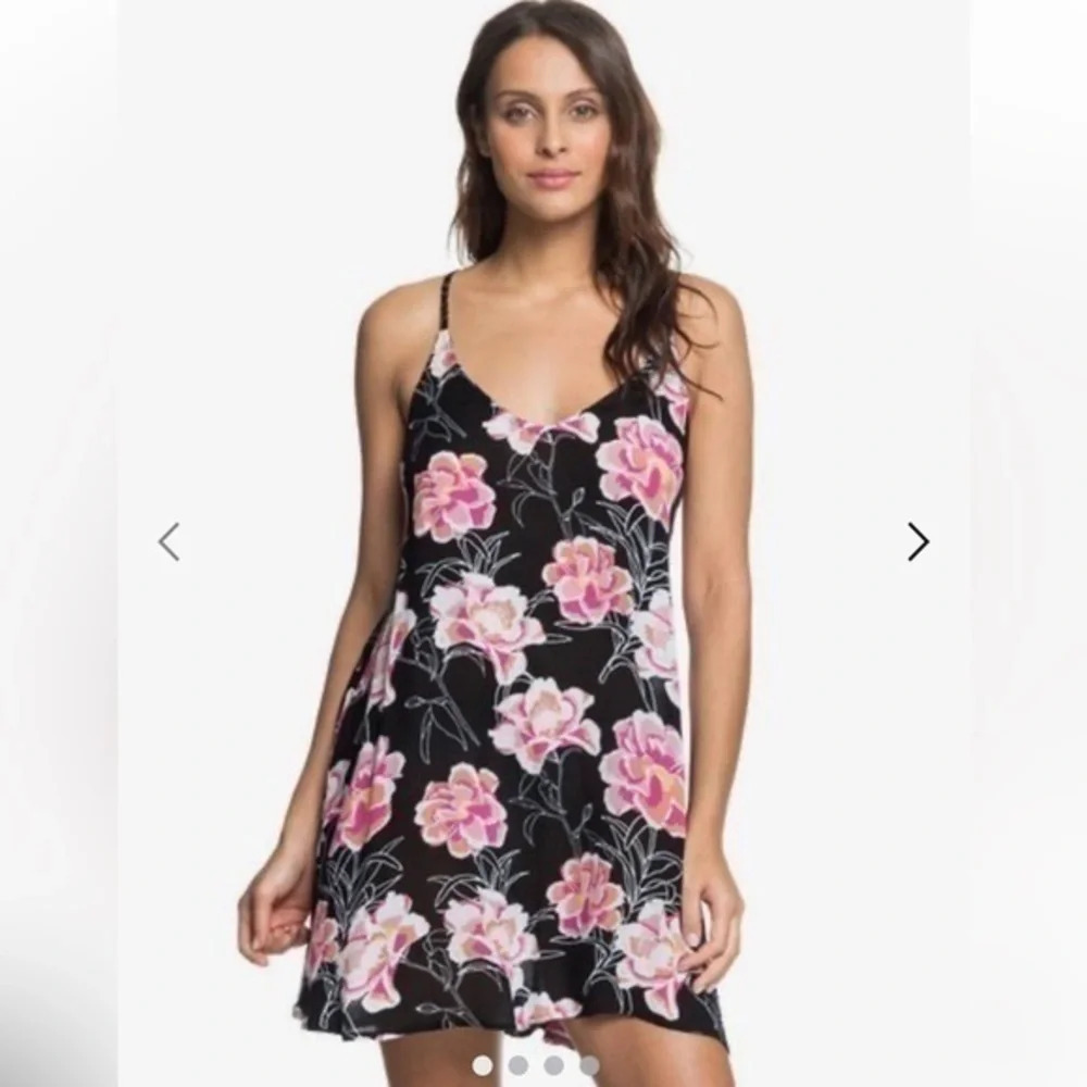 Roxy Coastal Beach Be In Love Strappy Black Floral Sleeveless Dress Size XS NWT